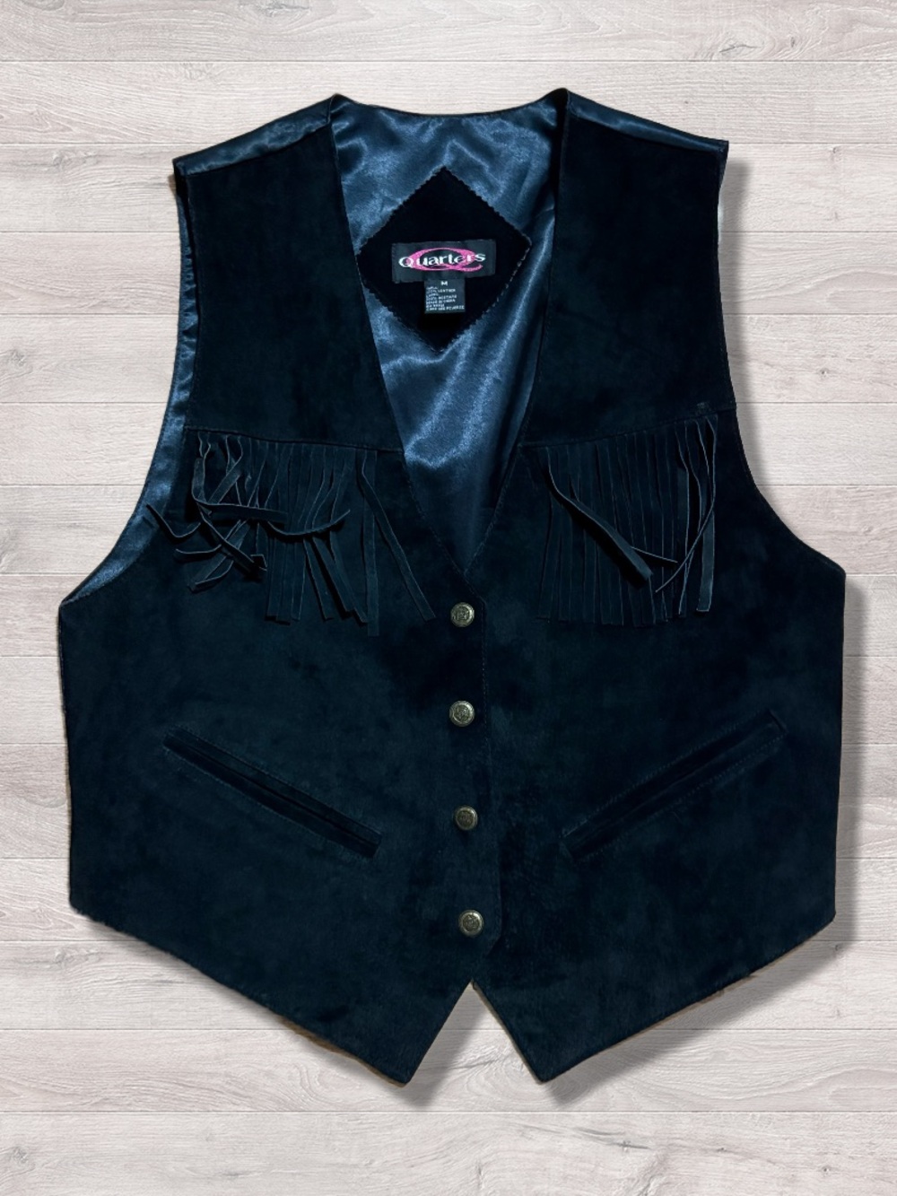 Quarters Mens Large Black Leather Snap Up Vest Vintage 90s Western Biker Suede